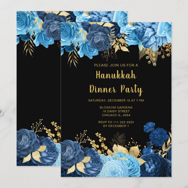 Invitation Fête de Hanouka aux fleurs bleues et or élégantes (Devant / Derrière)
