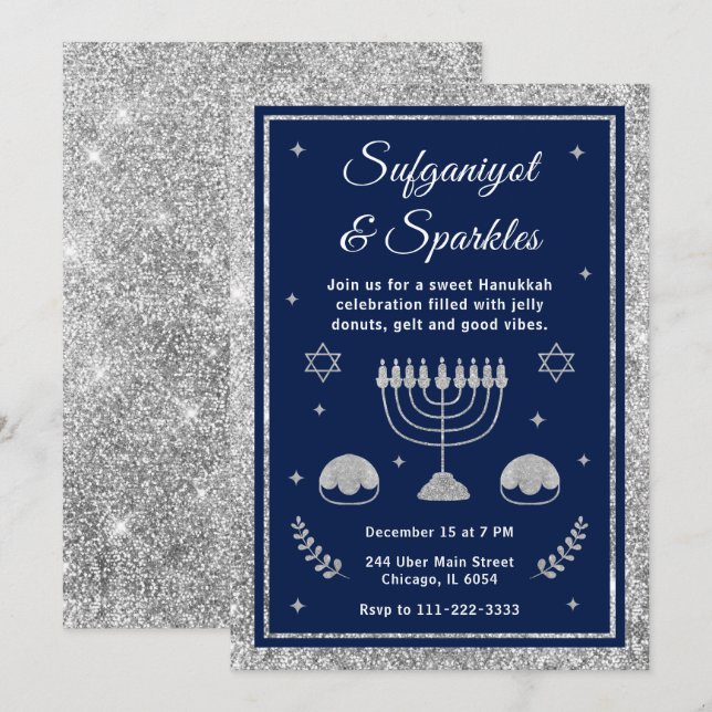 Invitation Fête de Hanukkah Sufganiyot & Paillettes (Devant / Derrière)