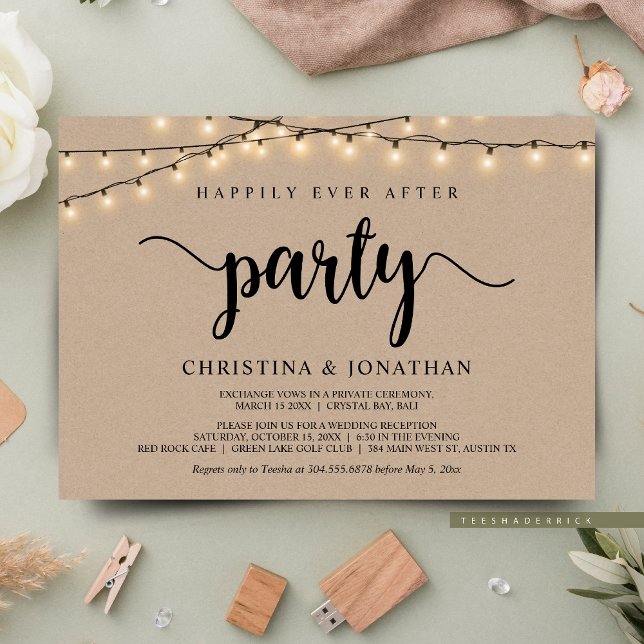 Invitation Fête de Happy Ever After, évasion avec guirlandes  (Happily Ever After Elopement Party, Cottage String Lights Brown Kraft, Post Wedding Invites Cards.)
