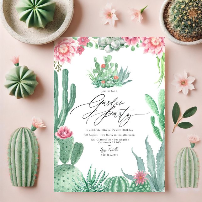 Invitation Fête de jardin aux élégants cactus et fleurs roses (Elegant Cactus and Pink Blooms Garden Party Invitation)