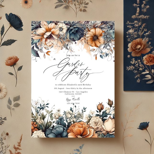 Invitation Fête de jardin bleu marine, orange brûlé et champa (Navy Blue, Burnt Orange and Champagne Garden Party Invitation)
