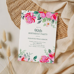 Invitation Fête de jardin élégante pour les 90 ans avec fleur