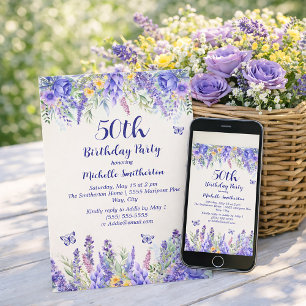 Invitation Fête de Jardin Floral de Lavande Violette 50e Anni