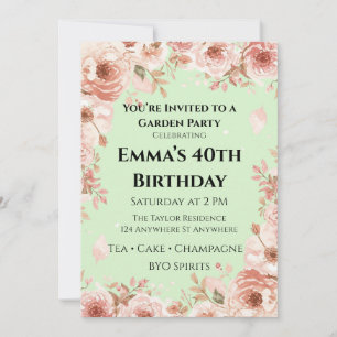 Invitation Fête de jardin florale personnalisable vert menthe