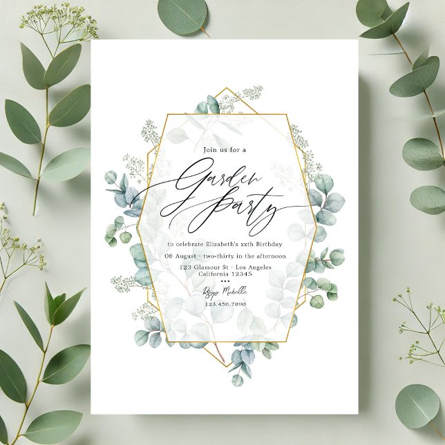 Invitation Fête de jardin géométrique Eucalyptus tendance (Trendy Eucalyptus Geometric Herbarium Garden Party Invitation)