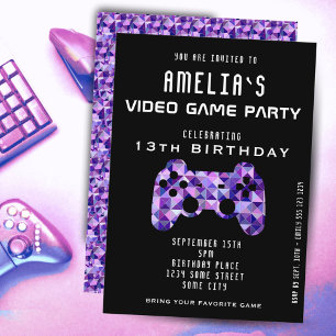 Invitation Fête de jeu vidéo manette violette anniversaire de