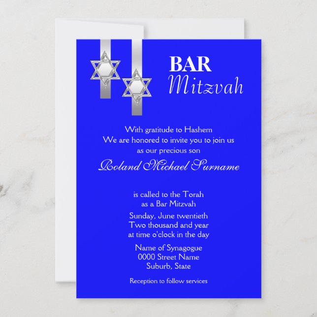 Invitation Fête de la bar à mitzvah bleue (Devant)