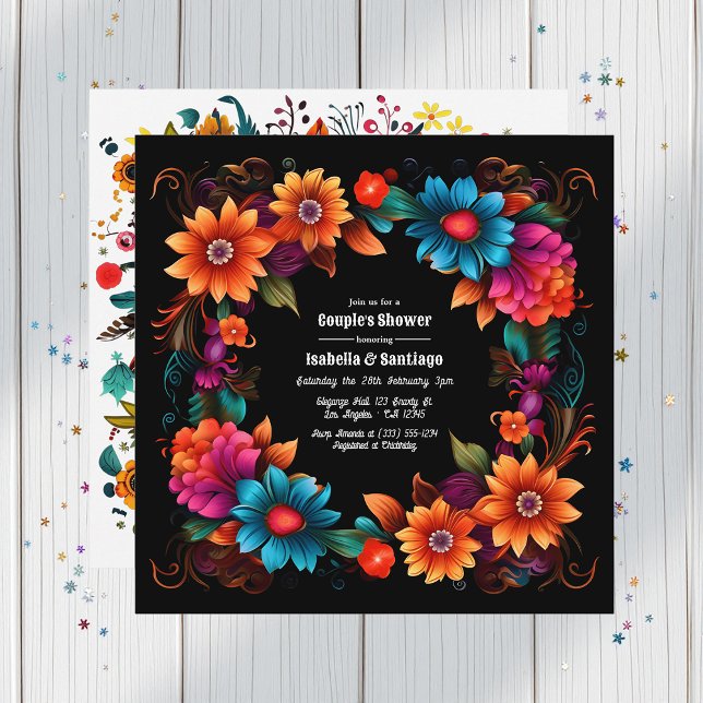 Invitation Fête de la Douche de Fiesta Floral Couple (Vibrant Fiesta Floral Couple's Shower Celebration Invitation)