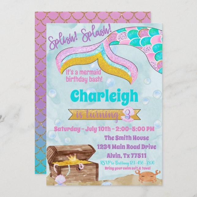 Invitation Fête de la fête d'anniversaire de la sirène (Devant / Derrière)