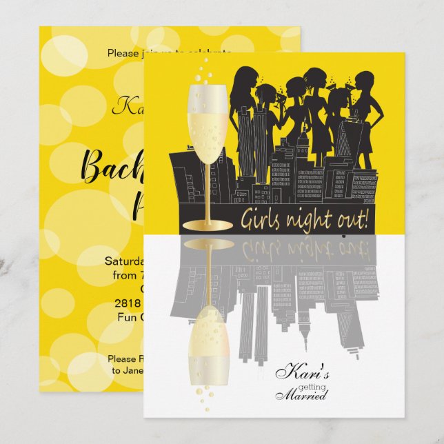 Invitation Fête de la fête de la nuit des filles | Jaune (Devant / Derrière)