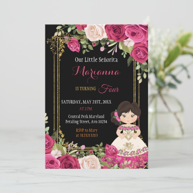 Invitation Fête de la Fille Rose et Rouge Mexicaine Floral  (Debout devant)