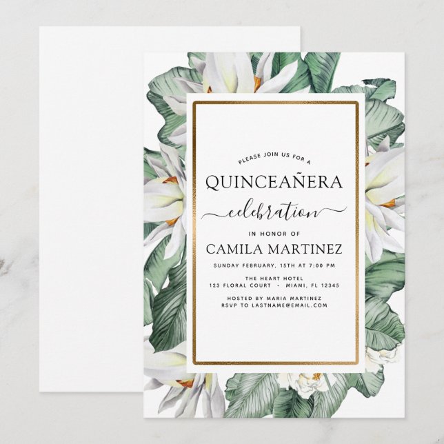 Invitation Fête de la flore tropicale Magnolia Quinceañera (Devant / Derrière)