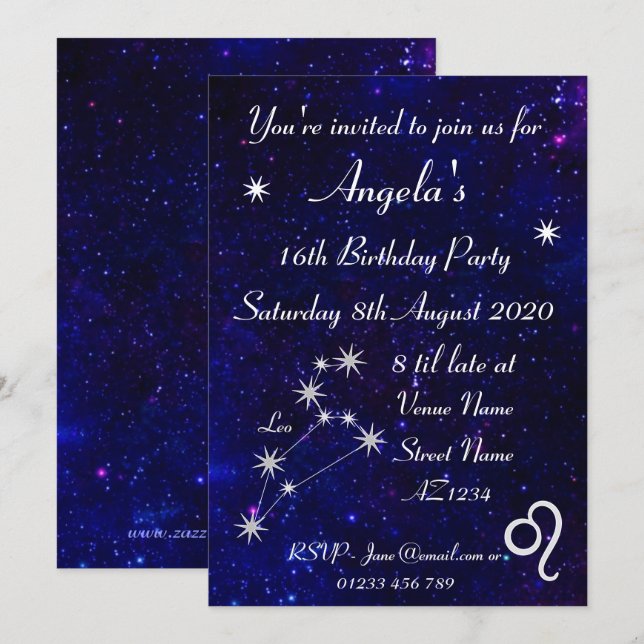 Invitation Fête de la Galaxie du Lion du Zodiaque Personnalis (Devant / Derrière)