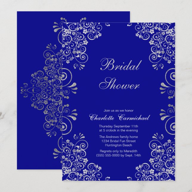 Invitation Fête de la mariée argentée bleue élégante de (Devant / Derrière)