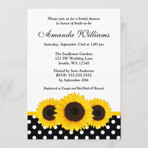 Invitation Fête de la mariée blanche et noire de tournesol de