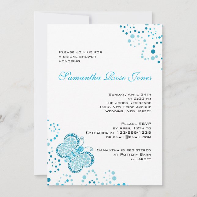 Invitation Fête de la mariée bleue et blanche de Pointillism (Devant)