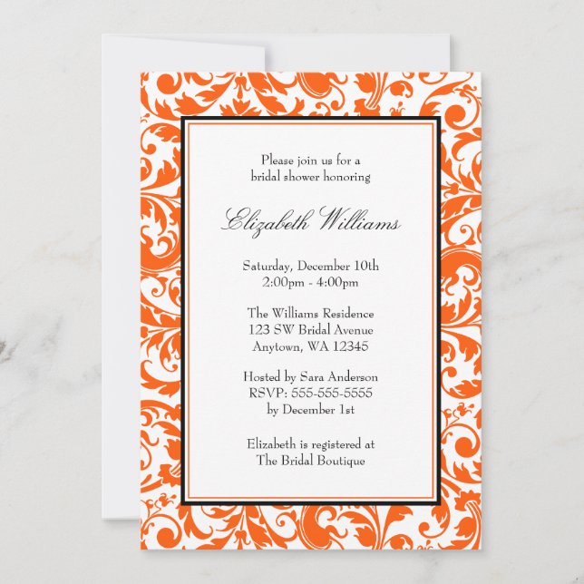 Invitation Fête de la mariée de damassé d'orange et de remous (Devant)