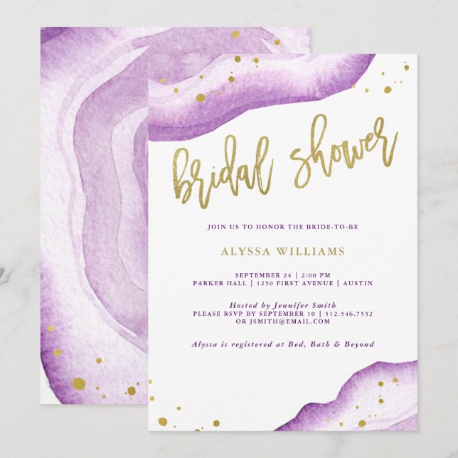 Invitation Fête de la mariée de Geode de lavande et d'or (Devant / Derrière)