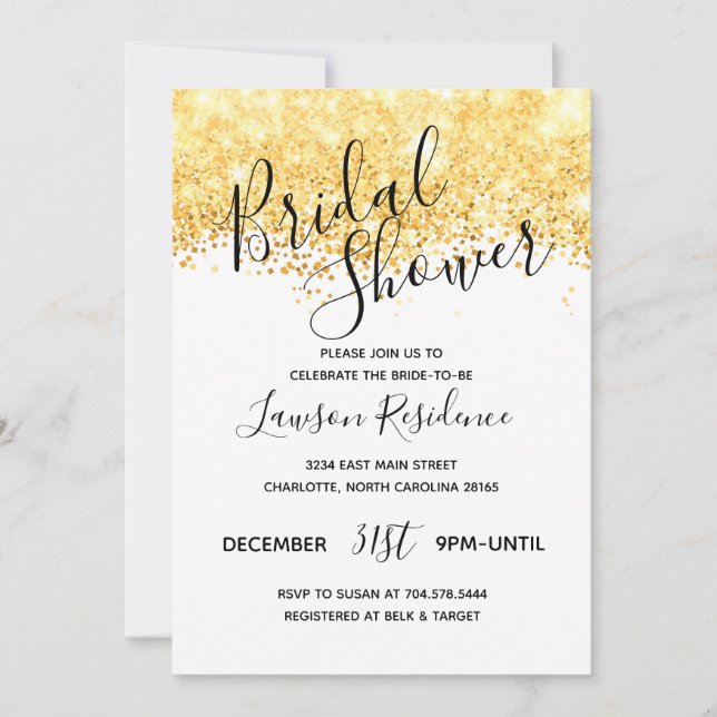 Invitation Fête de la mariée de parties scintillantes d'or (Devant)