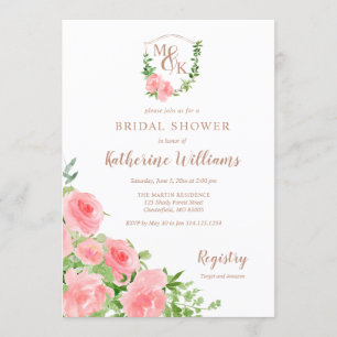 Invitation Fête de la mariée de rose de rose d'initiales de