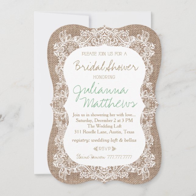 Invitation Fête de la mariée de toile de jute et de dentelle (Devant)