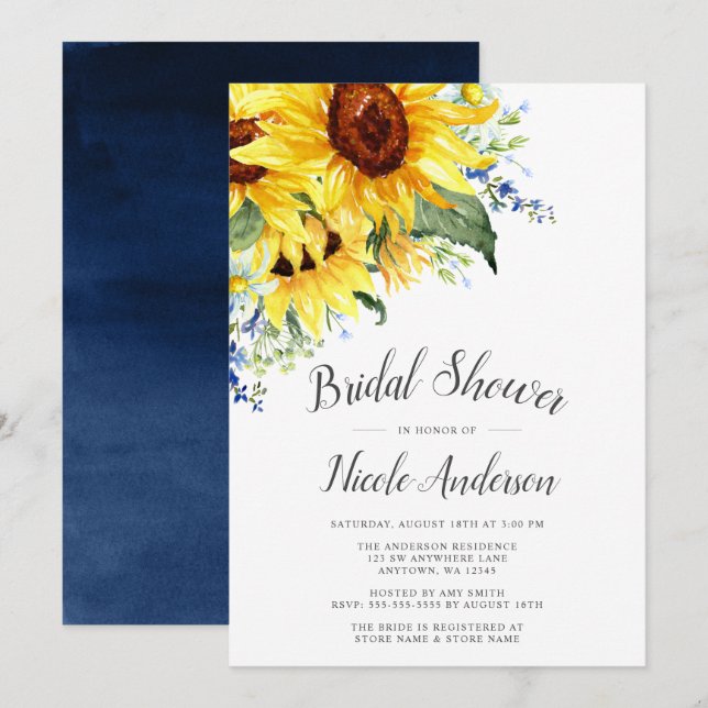 Invitation Fête de la mariée élégante de tournesols (Devant / Derrière)