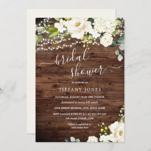 Invitation Fête de la mariée florale blanche en bois rustique