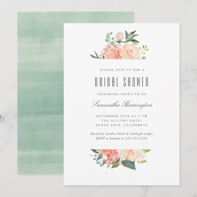 Invitation Fête de la mariée florale d'aquarelle de pêche et (Devant / Derrière)