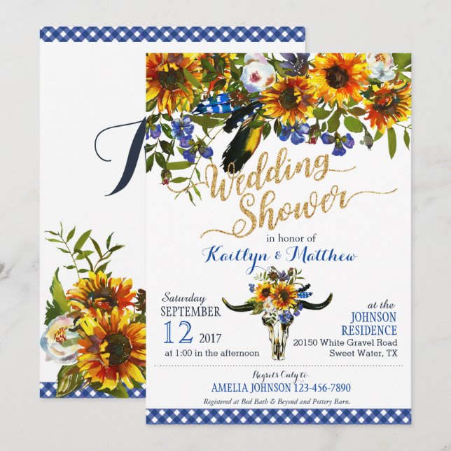 Invitation Fête de la mariée florale de crâne de vache à Boho (Devant / Derrière)