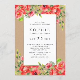 Invitation Fête de la mariée florale de pavots rouges