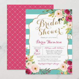 Invitation Fête de la mariée florale de rose blanc turquoise