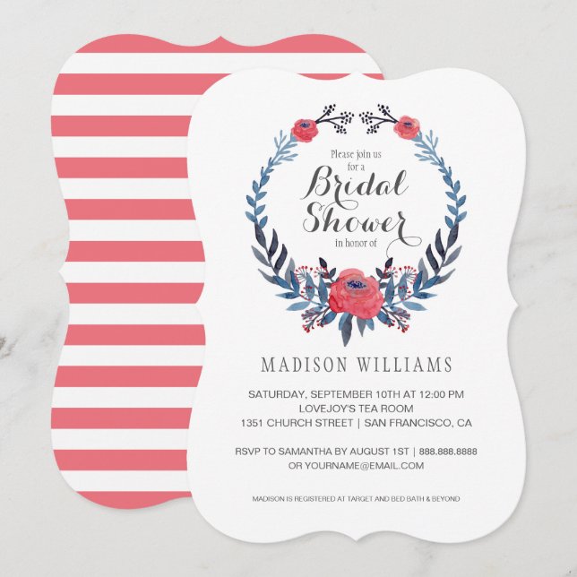 Invitation Fête de la mariée florale des roses rouges | (Devant / Derrière)