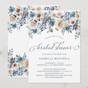 Invitation Fête de la mariée florale neutre et bleue de  