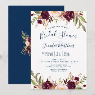 Invitation Fête de la mariée florale rustique de bleu marine