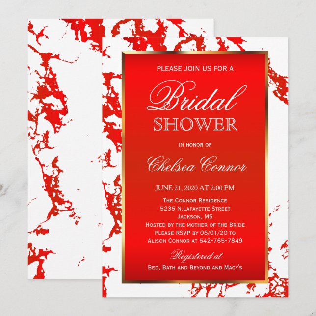 Invitation Fête de la mariée - marbre rouge lumineux, blanc (Devant / Derrière)