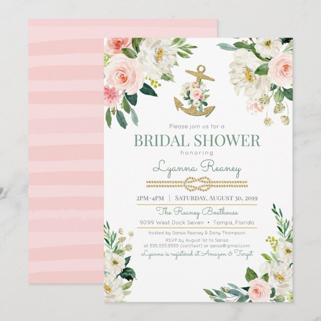 Invitation Fête de la mariée nautique de roses floraux (Devant / Derrière)