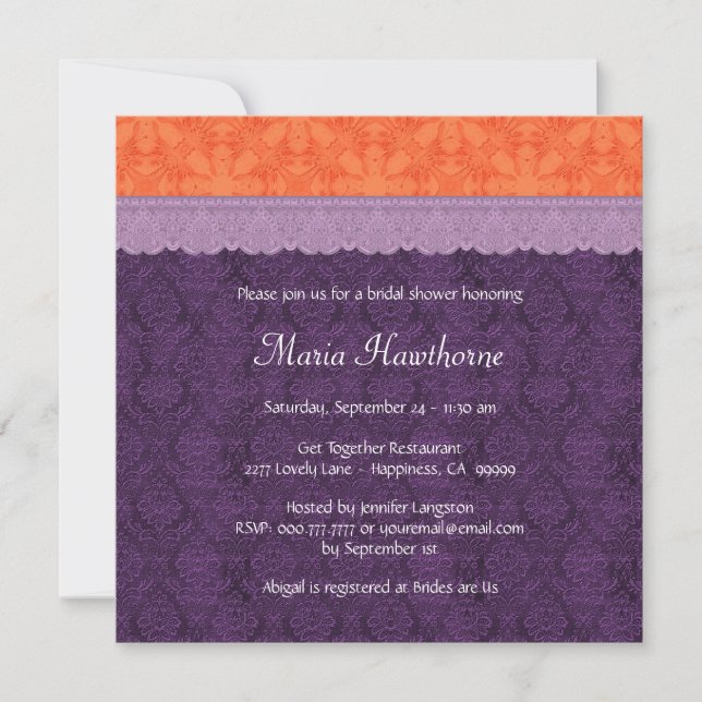 Invitation Fête de la mariée pourpre et orange V016 de (Devant)