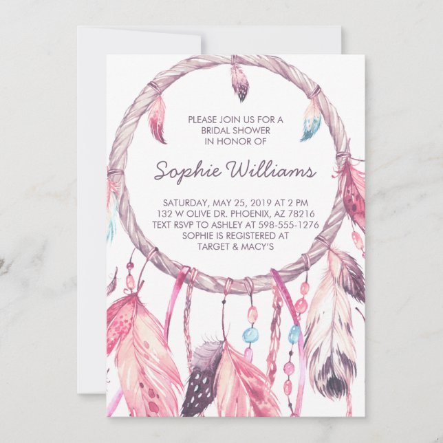 Invitation Fête de la mariée rose de Boho Dreamcatcher (Devant)