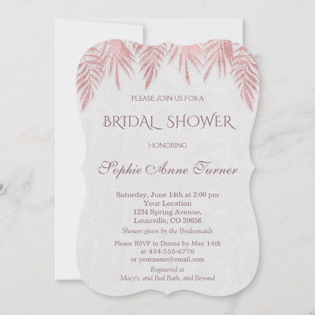 Invitation Fête de la mariée rose élégante de palmettes d'or (Devant)
