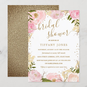 Invitation Fête de la mariée rose florale d'aquarelle d'or