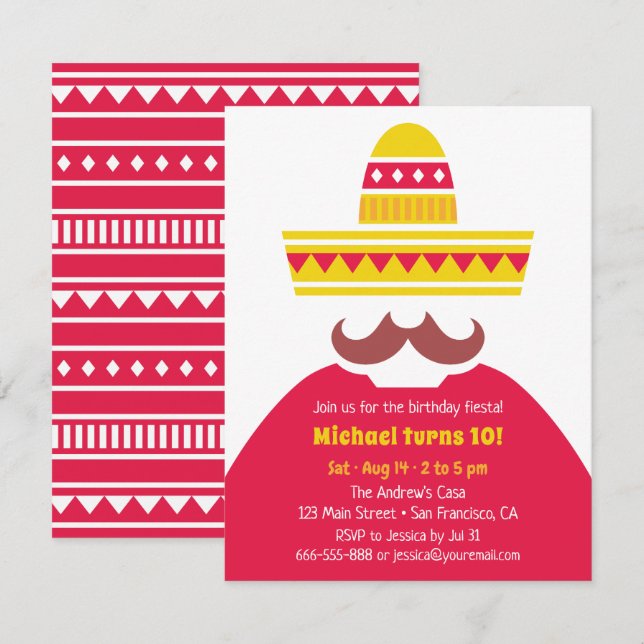 Invitation Fête de la Moustache Sombrero Mexicaine (Devant / Derrière)