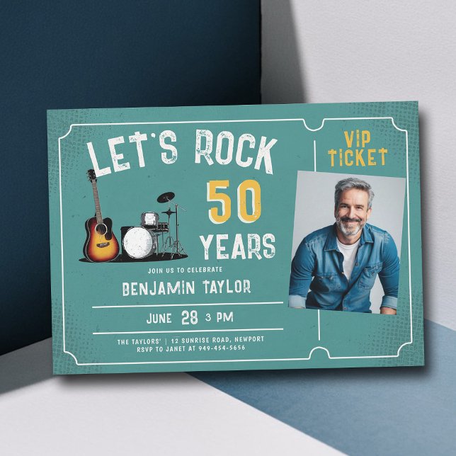 Invitation Fête de la musique rock Hommes Turquoises 50e anni (music fest rock ticket 50th birthday party invitation men fun blue teal orange)