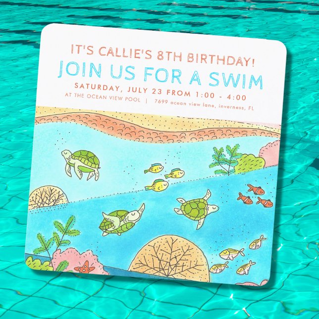 Invitation Fête de la natation Tortues de mer été Anniversair (Créateur téléchargé)