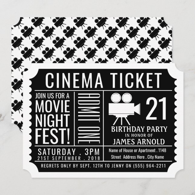 Invitation Fête de la nuit, Billets de cinéma, Fête d'anniver (Devant / Derrière)