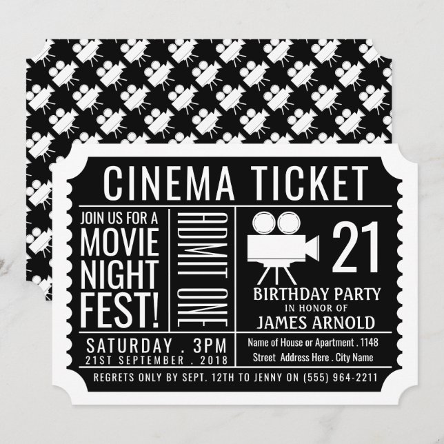Invitation Fête de la nuit, Billets de cinéma, Fête d'anniver (Devant / Derrière)