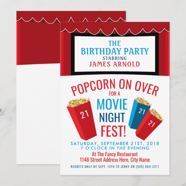 Invitation Fête de la nuit, Popcorn Cinema fête d'anniversair (Devant / Derrière)