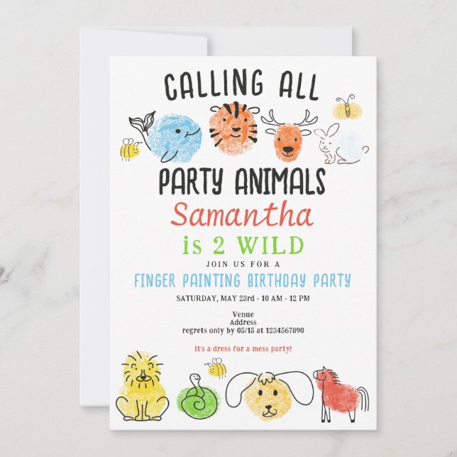 Invitation Fête de la peinture sur doigt Animaux Fête d'anniv (Devant)