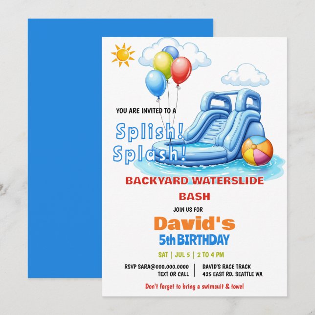 Invitation Fête de la piscine à éclaboussure glissade d'eau A (Devant / Derrière)
