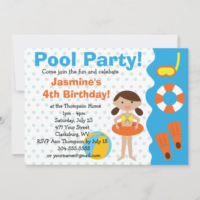 Invitation Fête de la piscine d'anniversaire de la fille pers (Devant)
