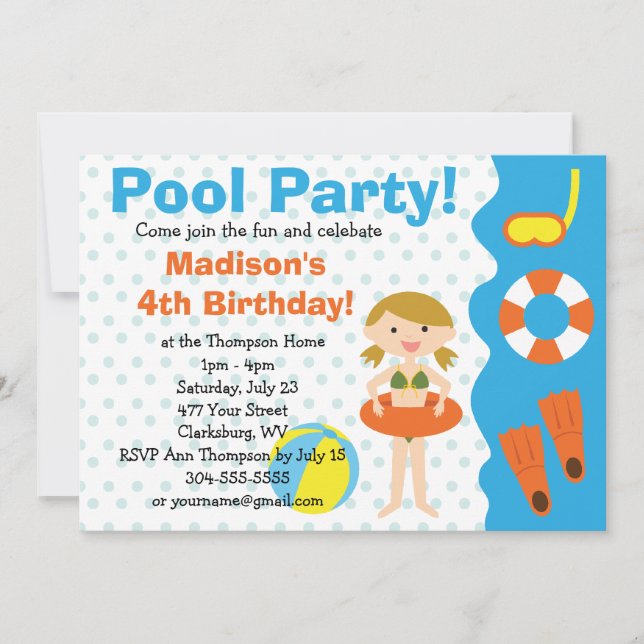 Invitation Fête de la piscine d'anniversaire de la fille pers (Devant)